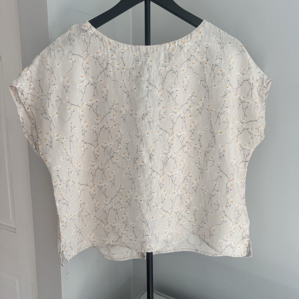 Cynthia Rowley Womens 100% Linen Blouse Top Size S Ivory Floral Button Back